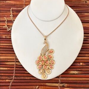 Gold and Pink Peacock Pendant Necklace 34”-38”